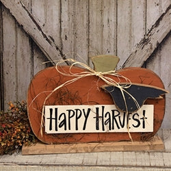 Rustic Wood Chubby Happy Harvest Pumpkin With Crow on Base