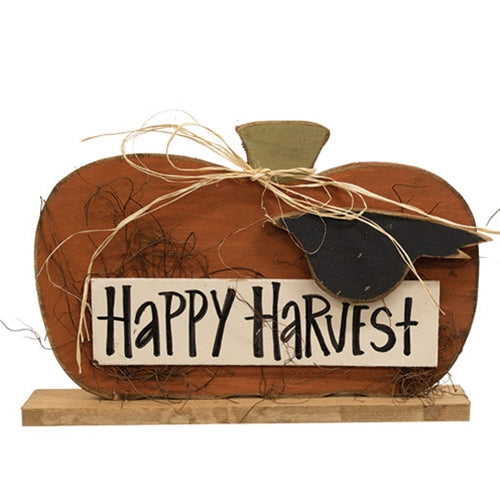 Rustic Wood Chubby Happy Harvest Pumpkin With Crow on Base
