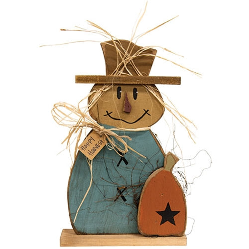 Rustic Wood Happy Harvest Scarecrow With Pumpkin on Base - 19"H