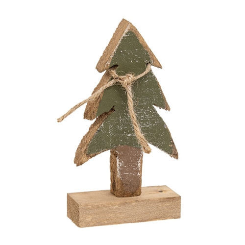 Rustic Wood Snowy Pine Tree on Base - 6.5"H