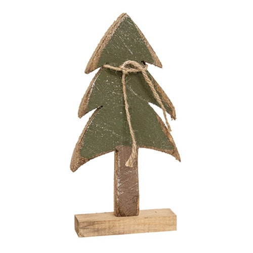 Rustic Wood Snowy Pine Tree on Base - 11"H