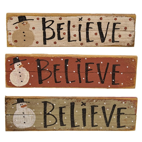 Believe Hanging Snowman Lath Sign - 11.5"x3" - 3 Asstd.