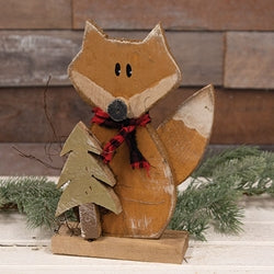 Rustic Wood Fox With Scarf & Tree on Base - 11.5"H