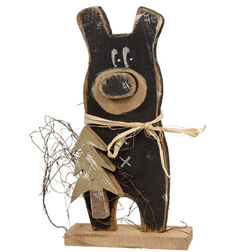 Rustic Wood Black Bear With Tree on Base - 15"H