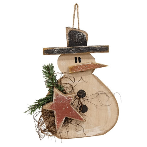 Rustic Wood Hanging Snowman With Red Star - 11.5"H