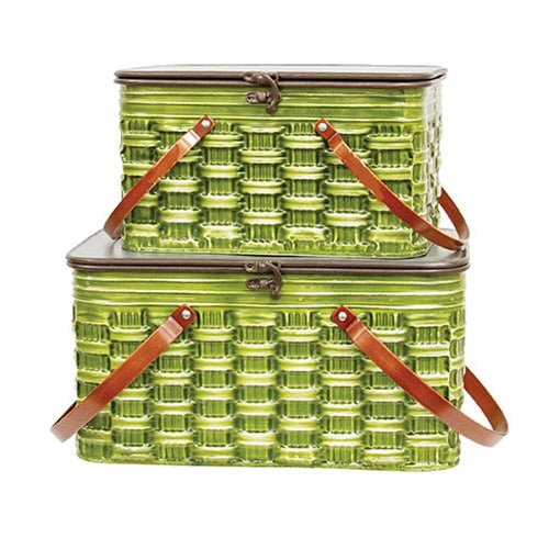 2/Set - Distressed Green Metal Picnic Baskets