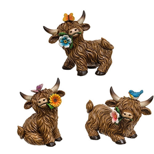 Resin Flower & Friend Highland Cow Figure - 3 Asstd.