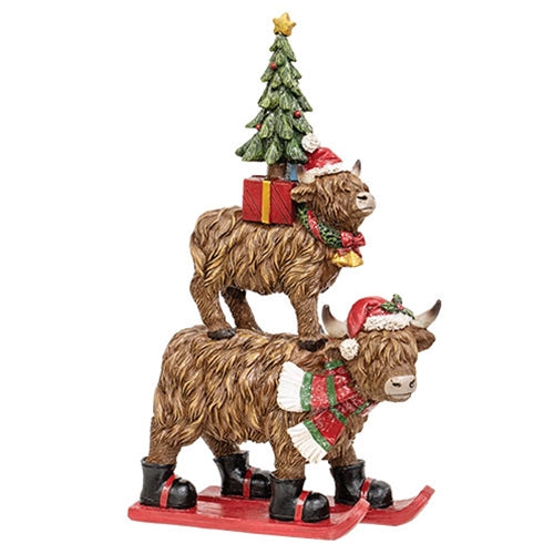 Resin Winter Holiday Skiing Highland Stack w/Tree - 9.75"H