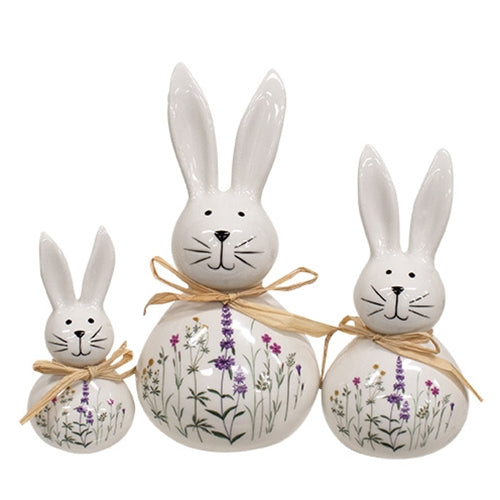 3/Set - Ceramic Floral Easter Bunnies With Raffia Bow