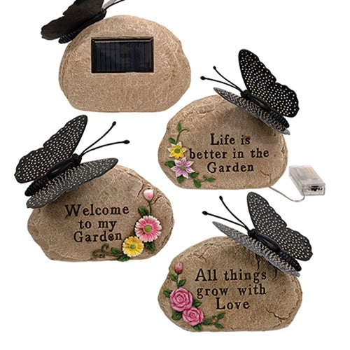 Solar Lighted Butterfly On Inspirational Rock - 3 Asstd.