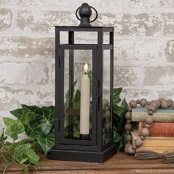 Black Metal & Glass Lantern With LED Timer Taper - 14"H