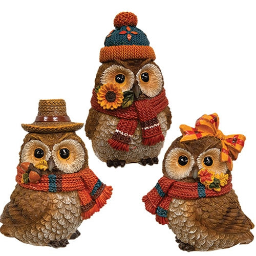 Resin Harvest Owl With Scarf - 3 Asstd.