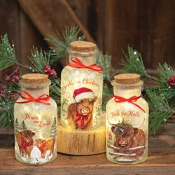 Frosted Glass Holiday Highland Lit Bottle - 3 Asstd.