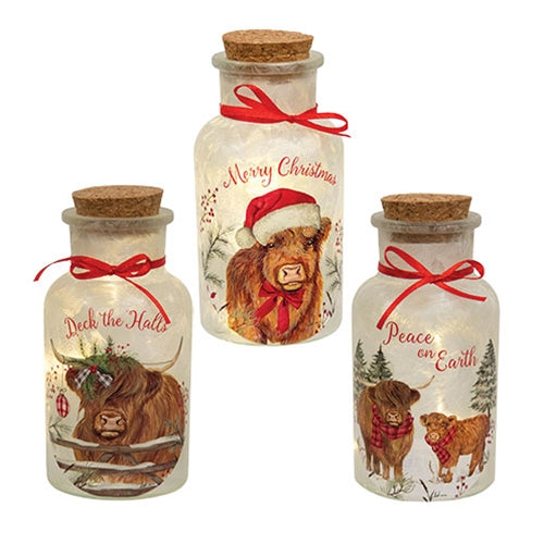 Frosted Glass Holiday Highland Lit Bottle - 3 Asstd.