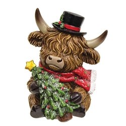 Resin Sitting Christmas Highland With Hat - 2 Asstd.