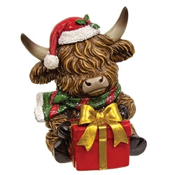 Resin Sitting Christmas Highland With Hat - 2 Asstd.