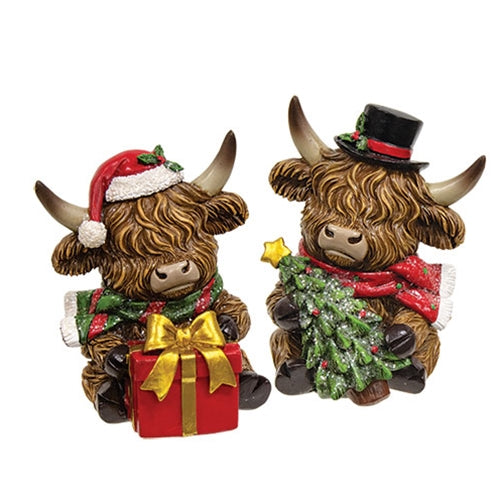 Resin Sitting Christmas Highland With Hat - 2 Asstd.