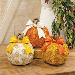 Resin Glittered Sunflower Pumpkin With Bow - 3 Asstd.
