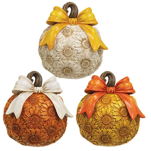 Resin Glittered Sunflower Pumpkin With Bow - 3 Asstd.