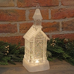 Lighted Spinning Water Globe Church - 12.25"H