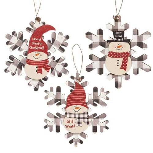Buffalo Check Snowman Snowflake Sayings Ornament 3 Asstd.