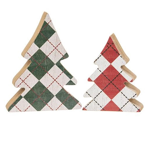 2/Set Distressed Wooden Plaid Christmas Trees
