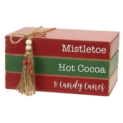 Mistletoe Hot Cocoa & Candy Canes Wooden Stacked Books