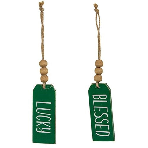 Blessed Or Lucky Green Wooden Tag 2 Asstd.