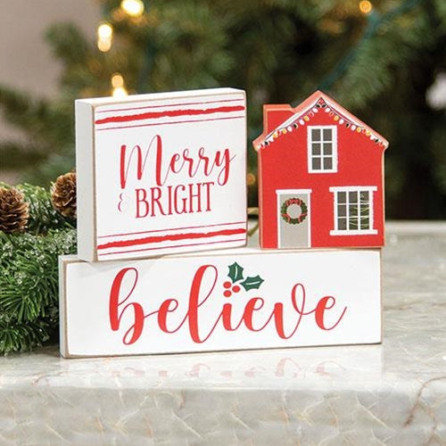 3/Set Merry & Bright Believe House Wooden Blocks