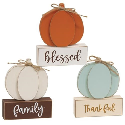 Thankful Family Blessed Pumpkin on Base 3 Asstd.