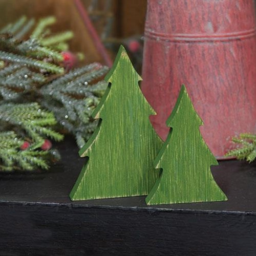 2/Set Distressed Green Wooden Christmas Tree Sitters