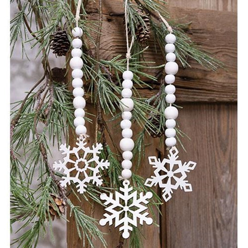White Beaded Wooden Snowflake Cutout Ornament 3 Asstd.