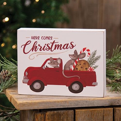 Here Comes Christmas Mice In Truck Box Sign
