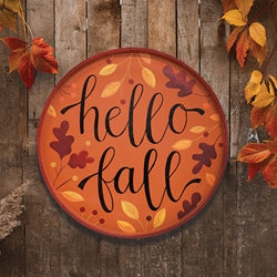 Hello Fall Autumn Leaves Round Wooden Hanging Tray