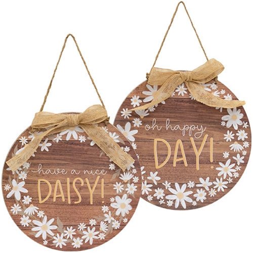 Daisy Day Round Hanging Sign w/Burlap Bow 2 Asstd.