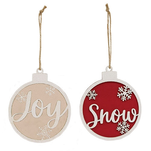 Glittered Woden Joy/Snow Bulb Ornament 2 Asstd.