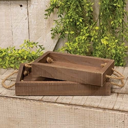 2/Set - Stained Wood Rectangle Trays w/Jute Handles