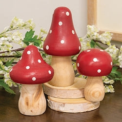 3/Set - Red & White Dotted Wooden Mushrooms