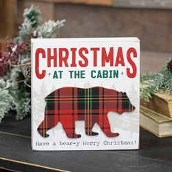 Christmas At the Cabin Plaid Bear Box Sign