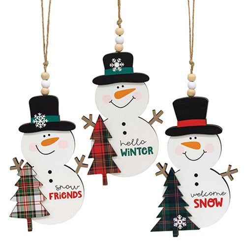 Welcome Hello Snow Plaid Christmas Tree Snowman Ornament - 3 Asstd.