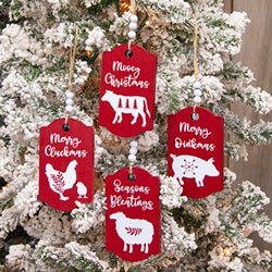 On the Farm Beaded Wooded Red Ornament - 4 Asstd.
