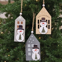 Cozy Snowman Layered Wooden House Ornament - 3 Asstd.