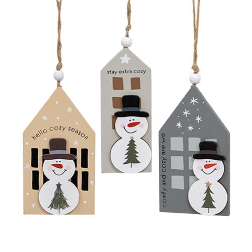 Cozy Snowman Layered Wooden House Ornament - 3 Asstd.