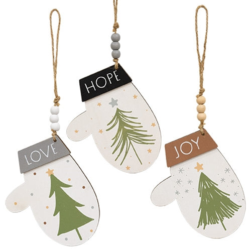 Love Hope Joy Christmas Tree Mitten Ornament - 3 Asstd.