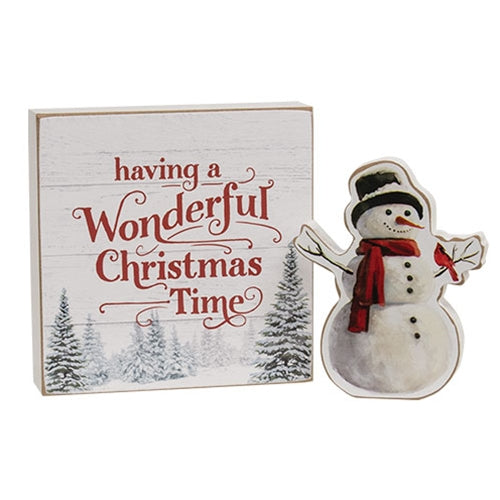2/Set - Wonderful Christmas Time Box Sign & Snowman Sitter