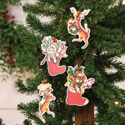 4/Set - Retro Look Wooden Puppy Kitten & Reindeer Ornaments