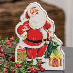 Distressed Jolly Santa & Presents Wooden Sitter