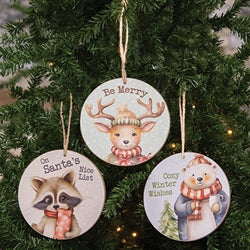 Cozy Winter Animal Round Ornament - 3 Asstd.