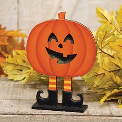 Wooden Smiling Jack O Lantern In Boots on Base - 7.25"H