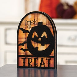 Trick Or Treat Silhouette Plaid Background Wooden Sitter
